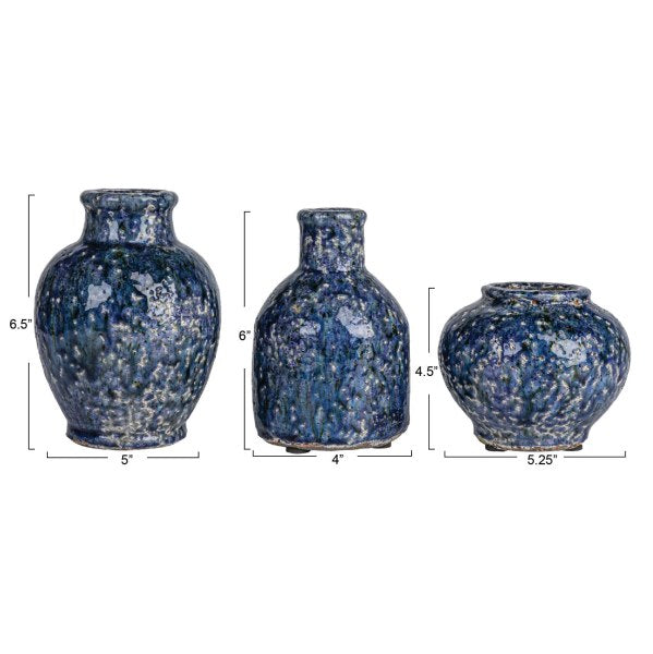 Navy Terracotta Vases with Crackle Glaze (Set of 3 Sizes)